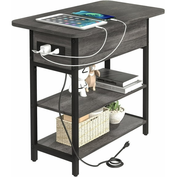 End Table with Charging Station, Flip Top Side Table with USB Ports and Outlets, Sofa Couch Table Bedside Table for Living Room Bedroom, Narrow Nightstand with Storage Shelves for Small Space