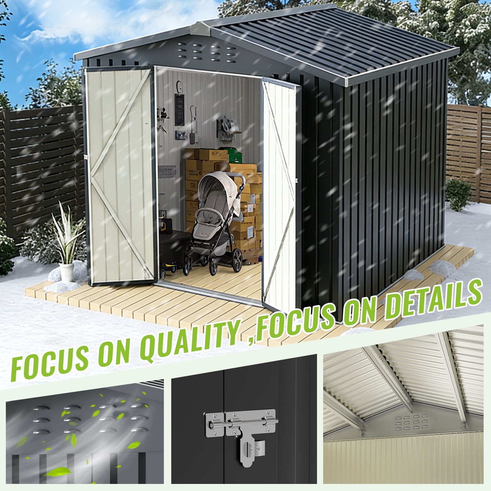 PABIMIA 8 x 8 ft Metal Outdoor Storage Shed with Lockable Double Doors, Sloped Roof and Air Vents, Black