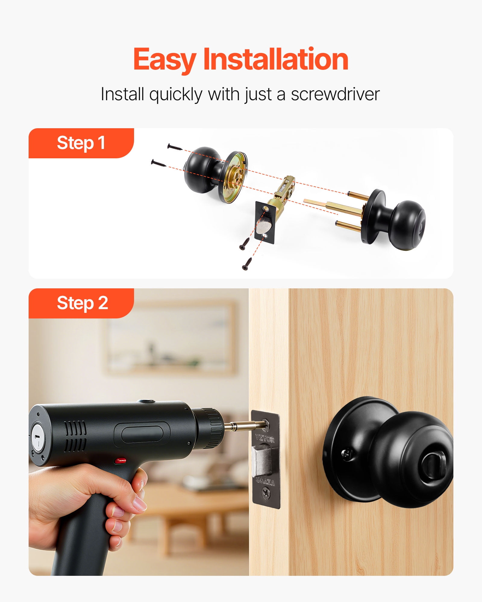VEVOR 6 Pack Black Door Knobs, Privacy Door Knob with Round Ball, Keyless Exterior & Thumb Turn Lock Interior, All Metal Doorknobs Hardware, Matte Black Modern Design for Bedroom & Bathroom