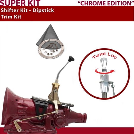 American Shifter C4 Shifter Kit 8 in. Trim Kit Dipstick Chrome Push Button Gray Boot Ringed Knob for D55C6