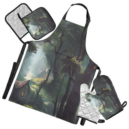 

5-Piece Kitchen Apron Set with Heat-Resistant Gloves & Insulation Mats for Cooking Baking BBQ Village Nestled in The Forest