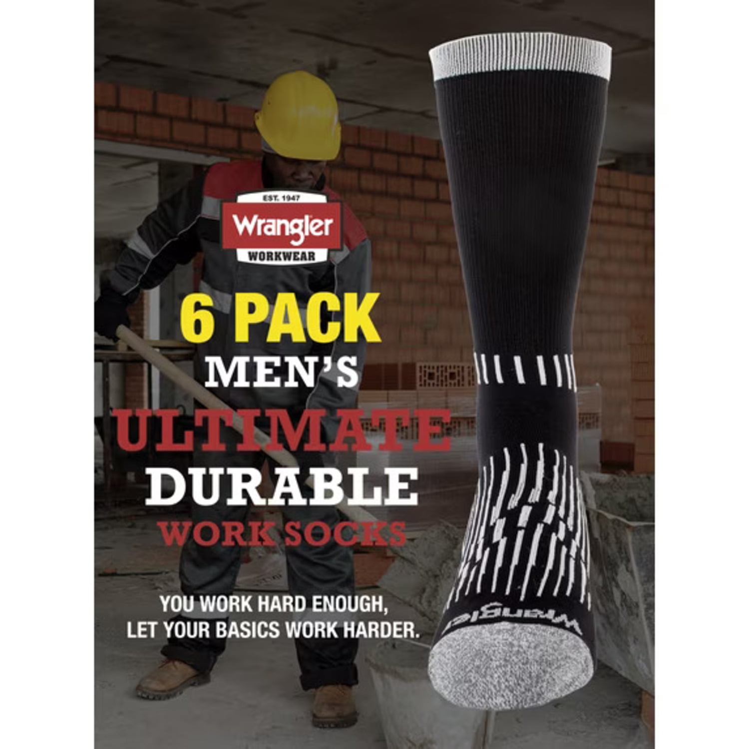 Wrangler Men's Ultimate Durable Work Socks, Crew Socks for Men, Black, 6 Pack