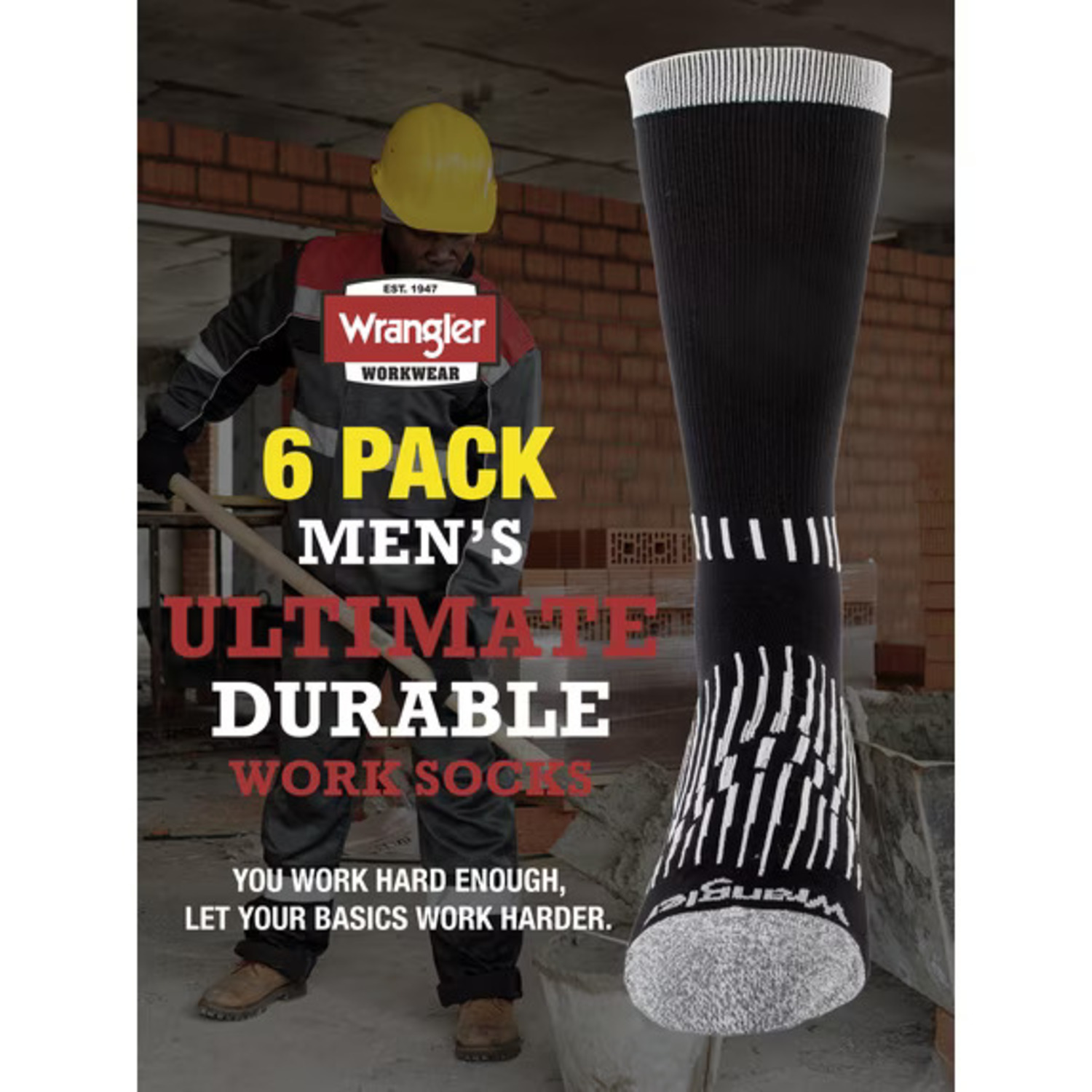 Wrangler Men's Crew Work Socks, 6-Pack, Black photo 6