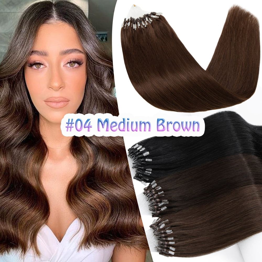 Benehair 100% Remy Real Human Hair Extensions Micro Ring Easy Loop In Hair Tips Nano Beans Russian Remy Hair Thick Strands 50g 16"-24" Striaght Brown Brunette