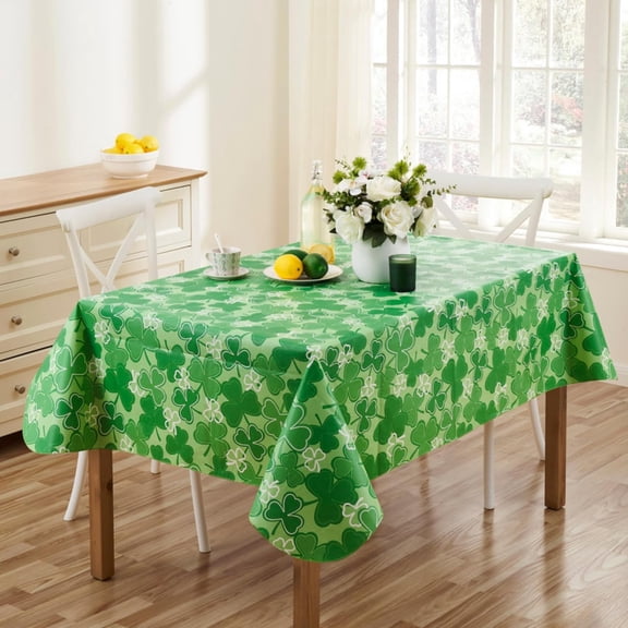 Serafina Home St. Patrick's Day Irish Vinyl Flannel Backed Tablecloth for Dining Room Kitchen Table Decor: St. Pat's Lucky Shamrock Clovers Green White Yellow Gold St. Pats Traditional 52" x 70"