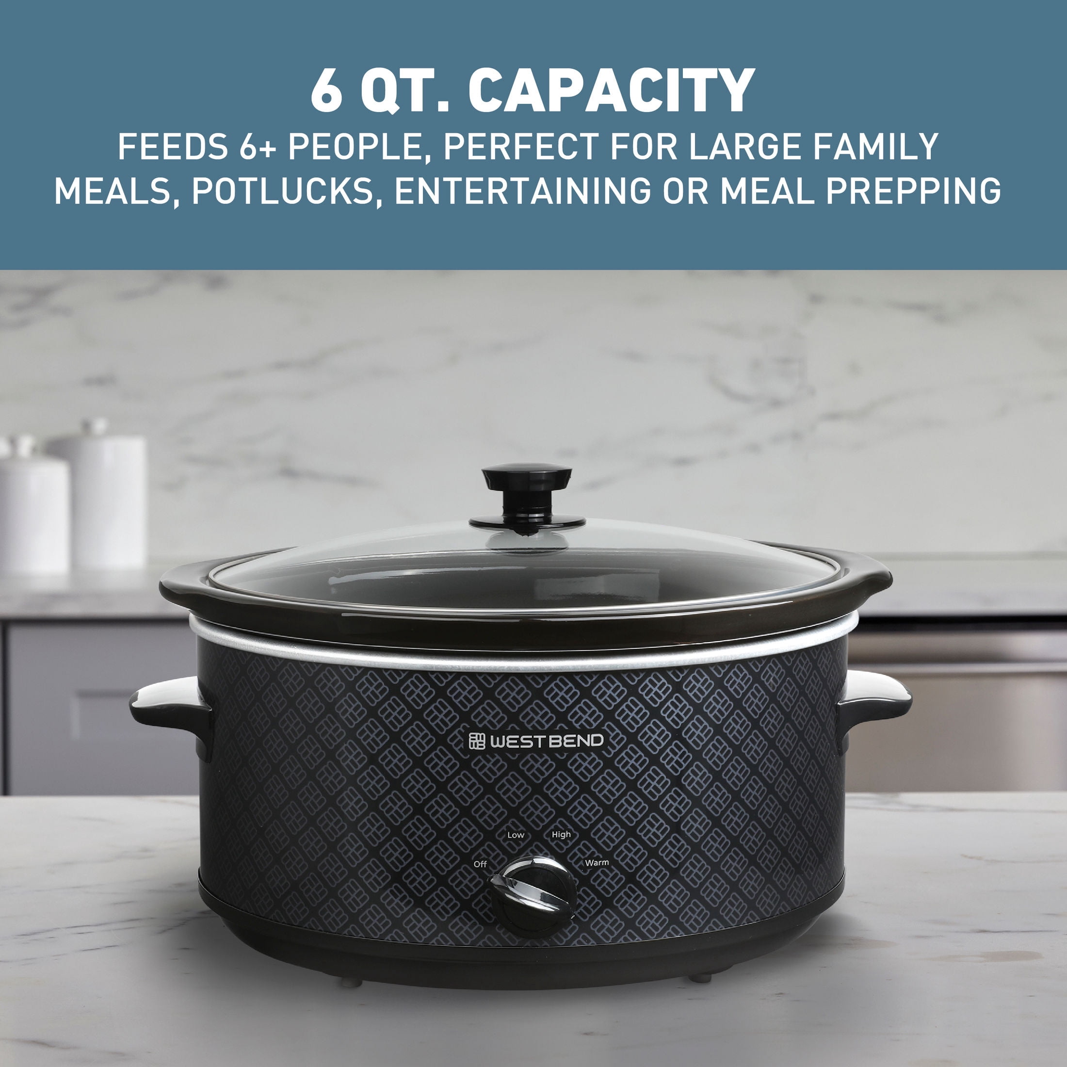 West Bend 6-Quart Pattern Slow Cooker, Manual Controls, Ceramic Crock, Dishwasher-Safe, in Black (SCWB6QPTBK13)