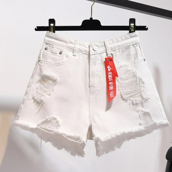 Women Solid Color High Waist Jeans Shorts Slim Casual Slim Waist Summer Loose Hole Denim Shorts