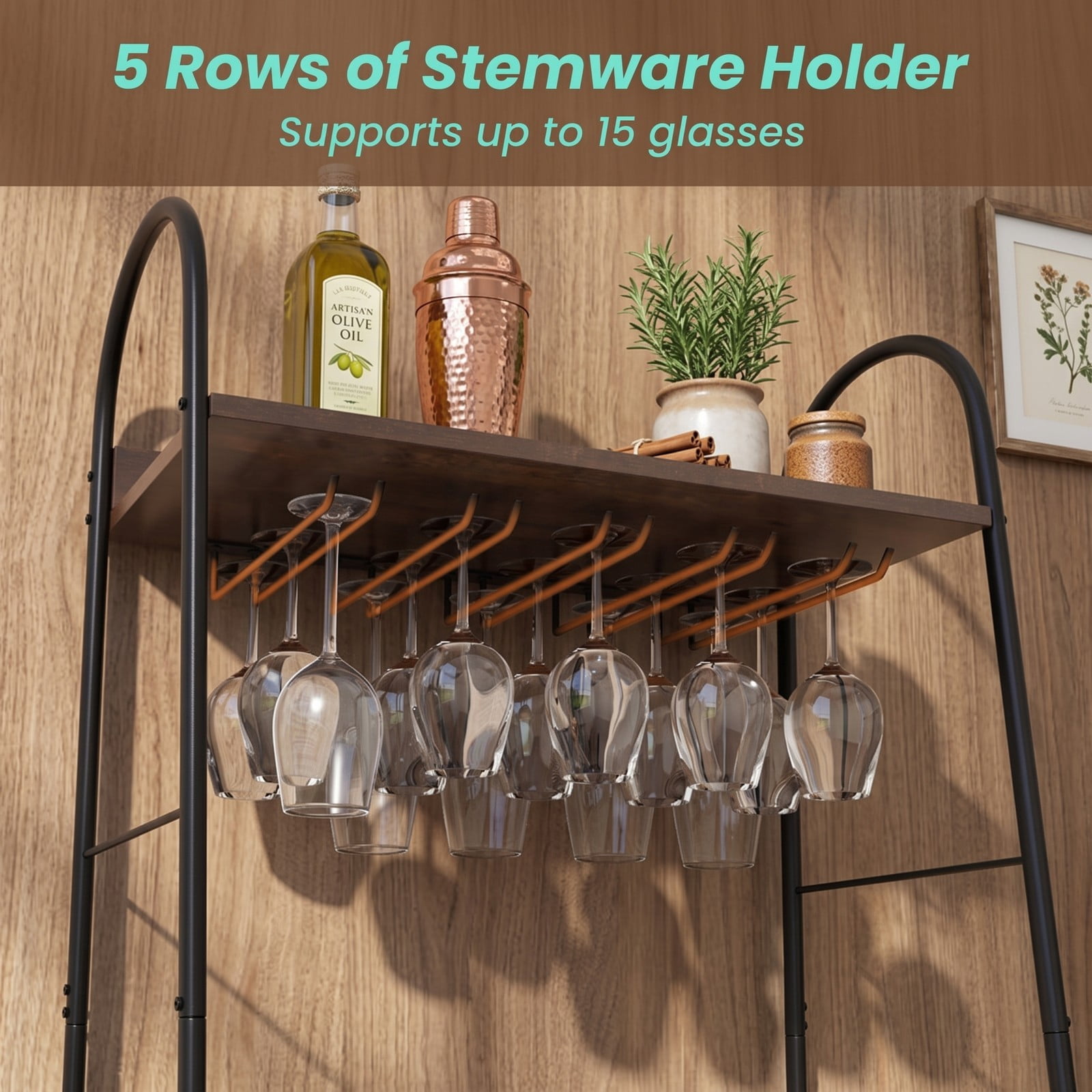 RUIE Baker's Rack with Detachable Wine Rack and 5 Rows of Stemware Holder, Freestanding Kitchen Storage Shelf Holds 18 Bottles and 15 Glasses, Metal, Rustic Brown
