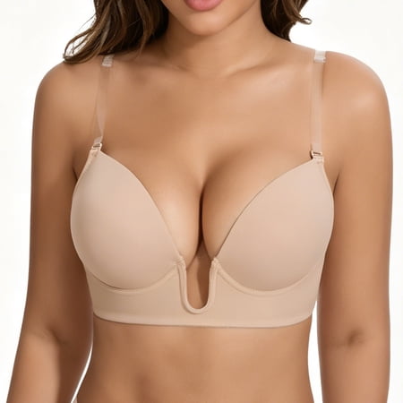 Vaslanda Plunge Bras for Women Low Cut Wireless Bra Underwire Convertible Push up Halter Bra with Clear Straps