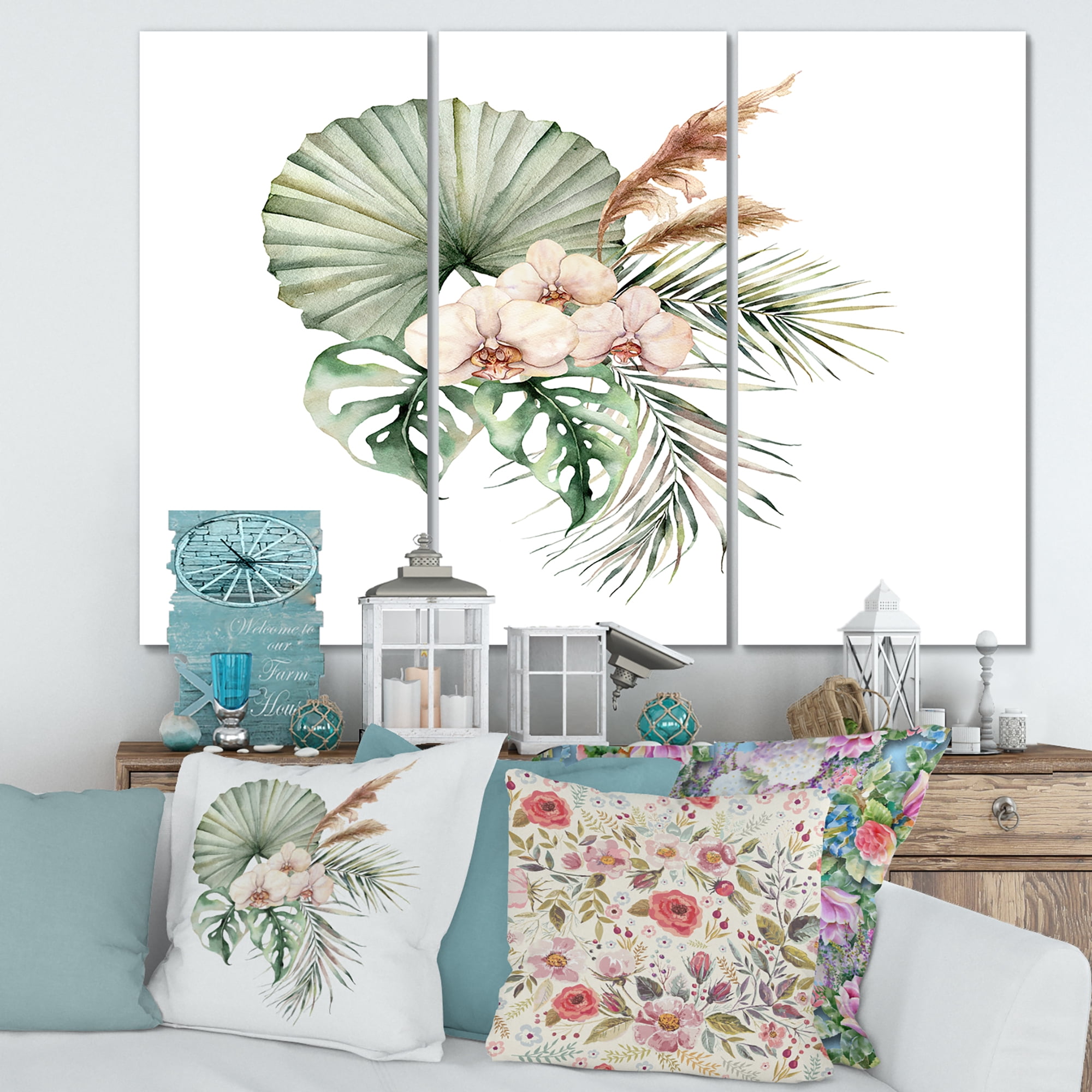 Designart ' Tropical Bouquet With Palm Orchids Leaves ' Traditional Canvas Wall Art Print