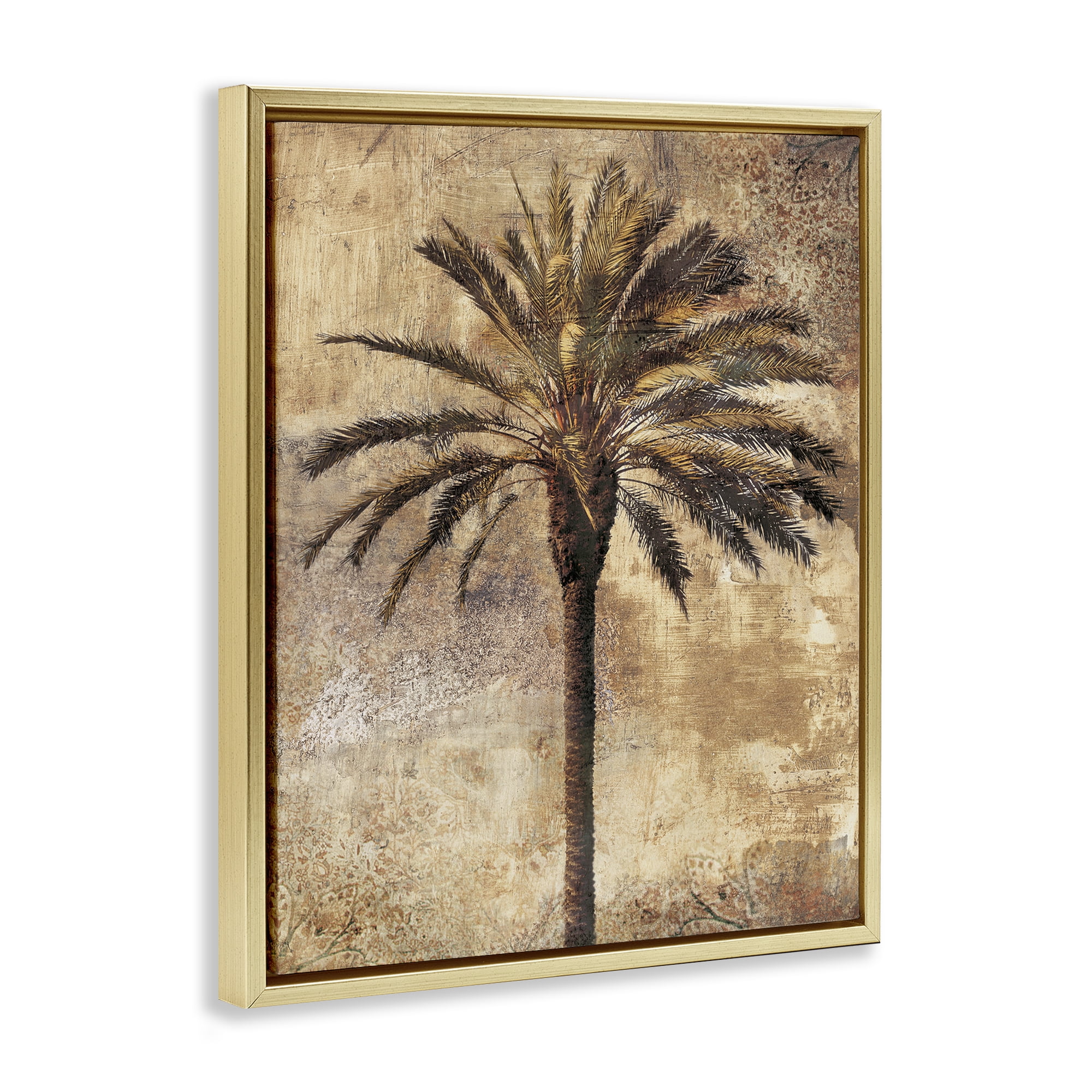 Stupell Industries Distressed Palm Tree Plants & Flowers Painting Gold Floater Framed Canvas Art Print Wall Art, 17 x 21