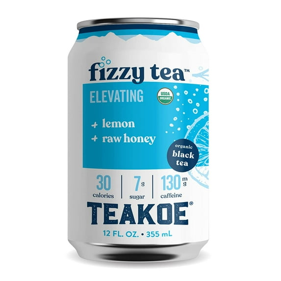 TEAKOE Fizzy Tea | Lemon Raw Honey Organic Black Tea | Cold Brew Iced Tea, Real Lemon Juice | Naturally Sweet, Tea Energy | Pack Of 12