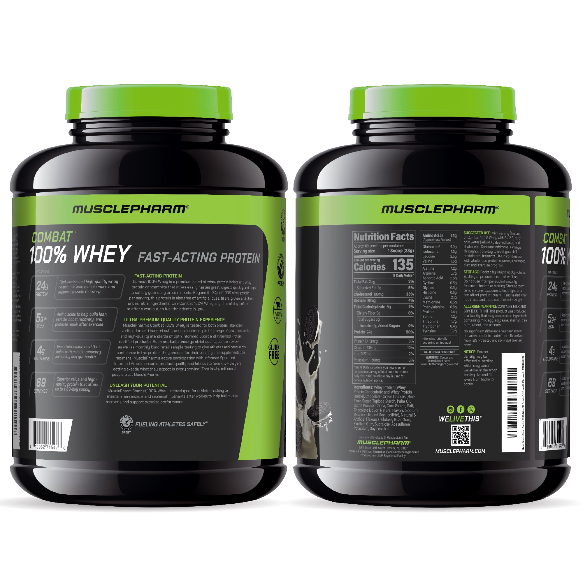 MusclePharm Combat 100% Whey Protein Powder, Cookies & Cream, 25g Protein, 5lb, 80oz