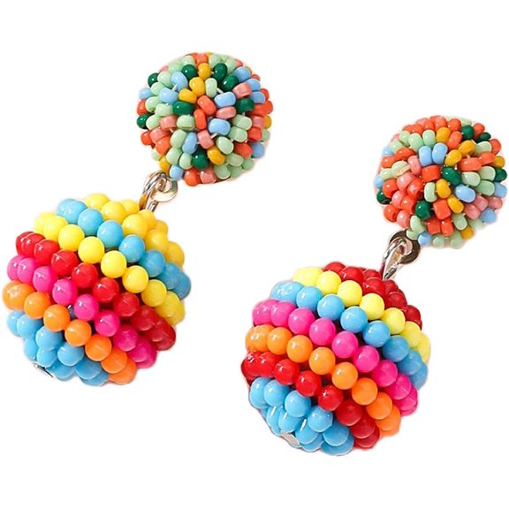 Handmade Colorful Asymmetry Seed Beads Round Ball Drop Dangle Bohemian Lightweight Earrings Summer Beach Boho Party Statement Jewelry for Women