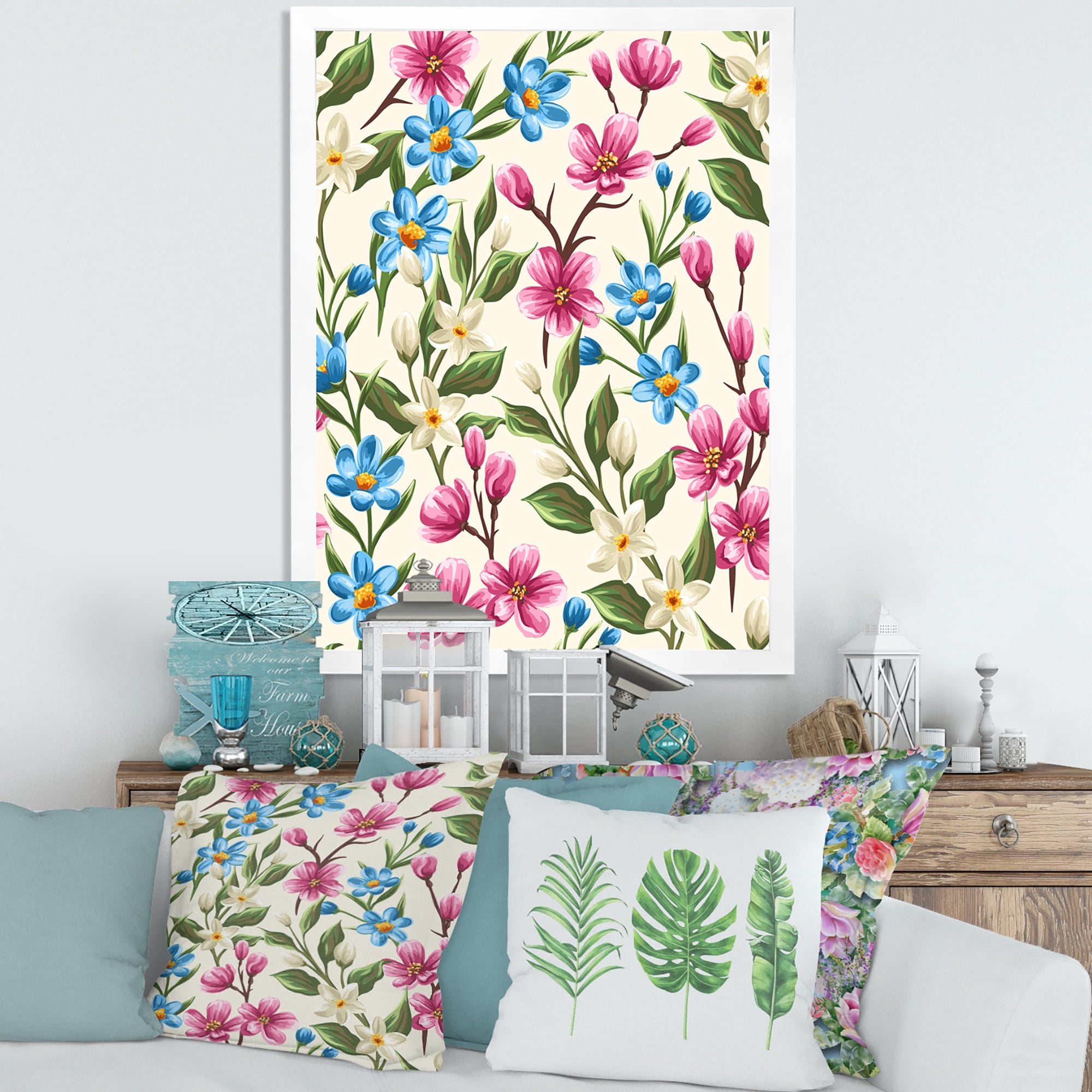Designart 'Vintage Blue and Pink Wildflowers' Traditional Framed Art Print