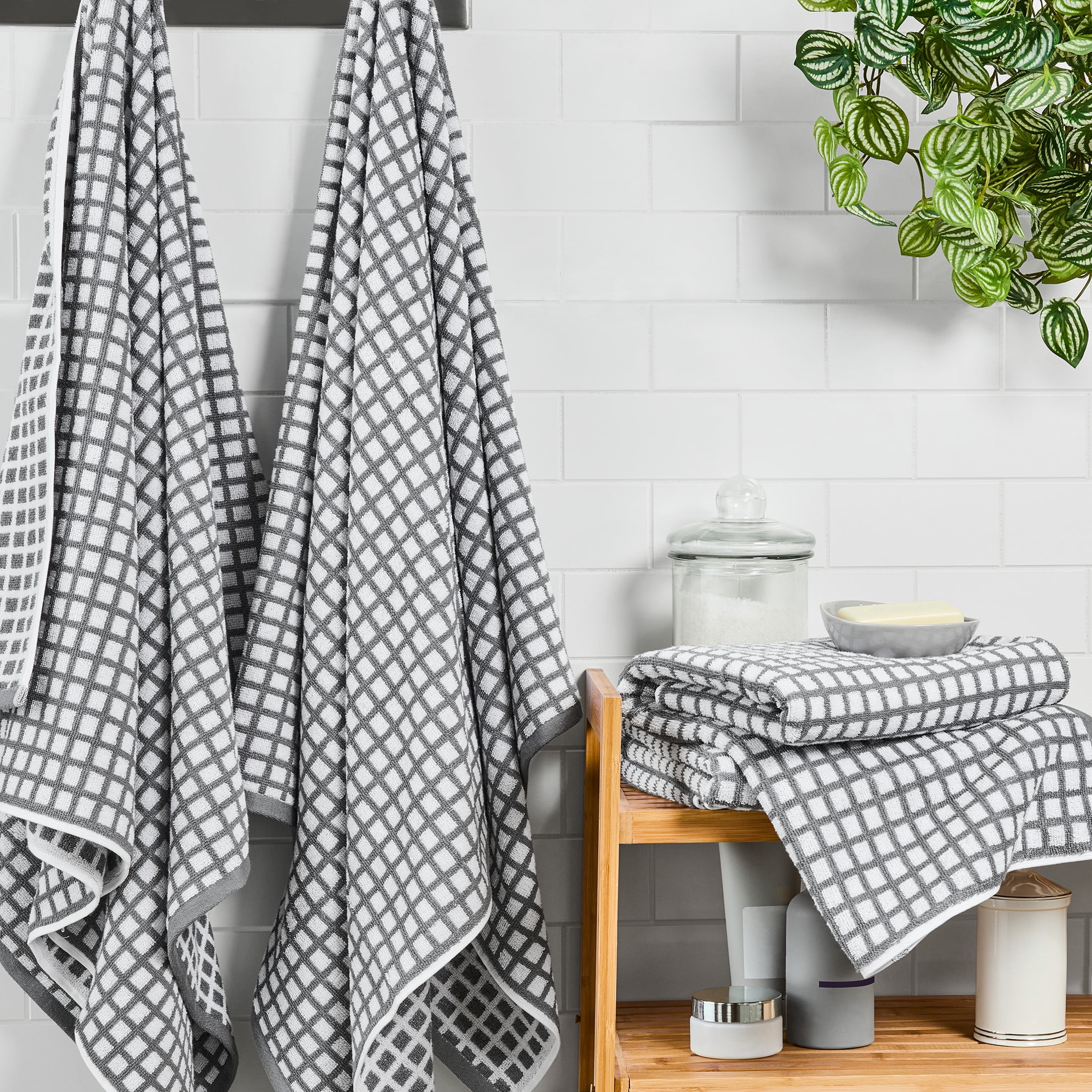 Mainstays Performance Bath Towel Set, 4-Piece, Checkered Gray