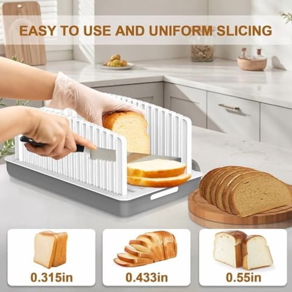 Upgrade Bread Slicer for Homemade Bread, Bread Slicer Guide Adjustable Width and Thickness, Foldable and Compact Cutting Guide with Crumb Tray, Suitability for Homemade Bread, Bagels, Cakes