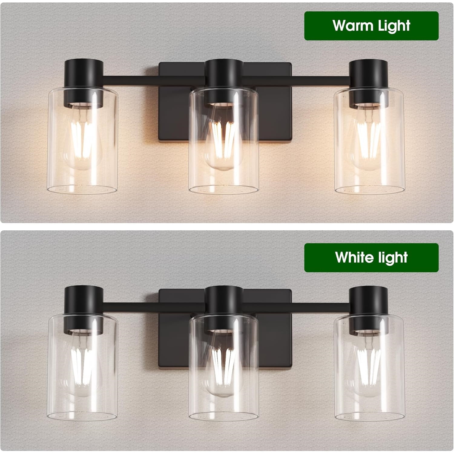 3-Light Matte Black Wall Sconces for Bathroom, Modern Vanity Light Fixtures Over Mirror, Bathroom Light Fixtures with Clear Glass Shade, E26 Wall Sconces for Living Room, Hallway