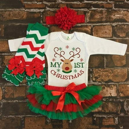 Granddaughter's First Christmas XIAXAIXU Newborn Baby Girl My 1st Christmas Romper+Tulle Dress+Headband Outfit Clothes ()