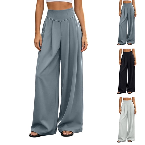 VBVC Women's High Waisted Pleated Wide Leg Pants , Elegant V-Waist Palazzo Trousers For Women , Ladies' Business Casual Long Bottoms with Pockets, Black , S-3XL