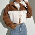 thumbnail image 3 of Cropped Jacket Women Long Sleeve Button Down Collared Color Block Casual Fuzzy Jackets Winter Coats Cardigan Outerwear, 3 of 7