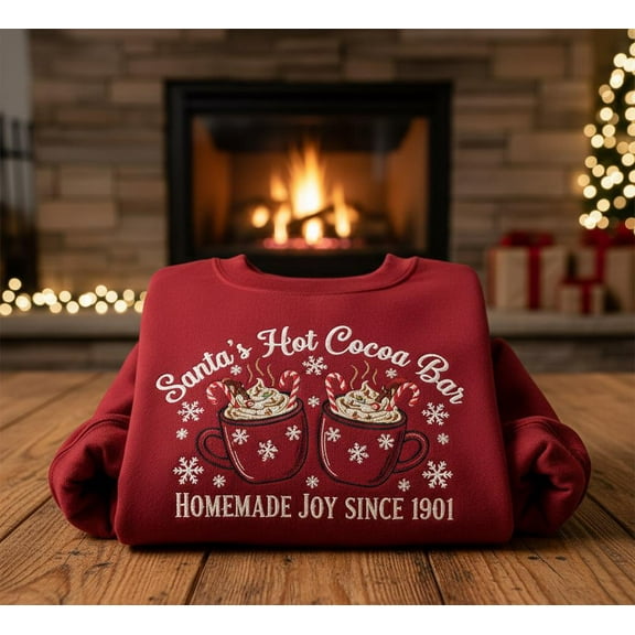 Santa’s Hot Cocoa Bar Embroidered Christmas Sweatshirt, Cozy Holiday Cafe Sweater, Vintage Red Winter Pullover, Festive Gift Top