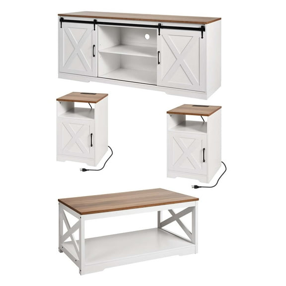 KFFKFF 4-Piece Farmhouse Coffee Table Set, Includes 40 in Coffee Table, 2 End Tables, and 66 in TV Stand, Living Room Furniture with Charging Station, Ideal for Home, Office, or Apartment Use
