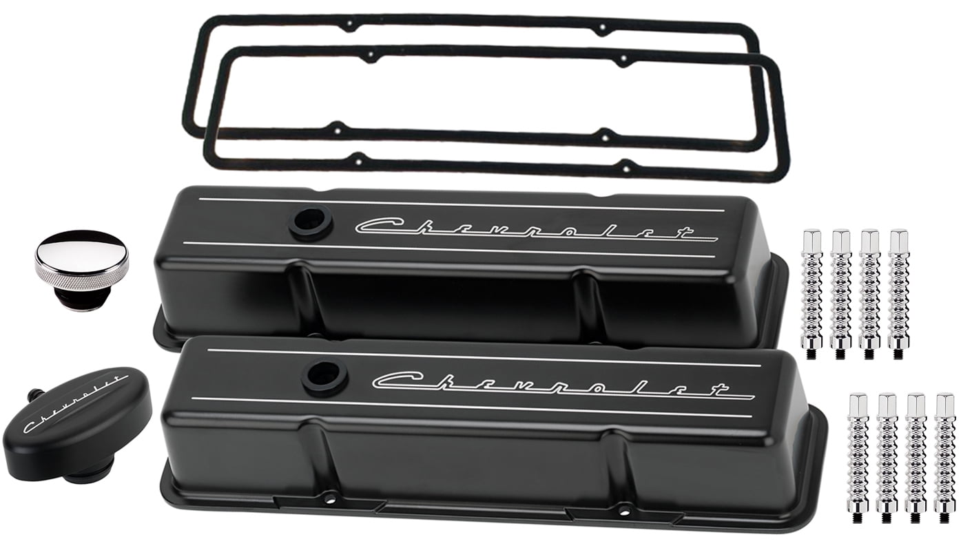 NEW BILLET SPECIALTIES SMALL BLOCK CHEVY TALL BLACK ALUMINUM VALVE COVER SET W/ CHEVY SCRIPT