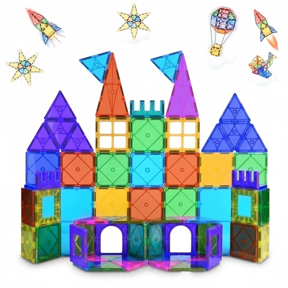 Smarty Play Magnetic Tiles Building Set, 100 Pieces with Car Educational STEM Magnet Blocks for Kids Ages 3 