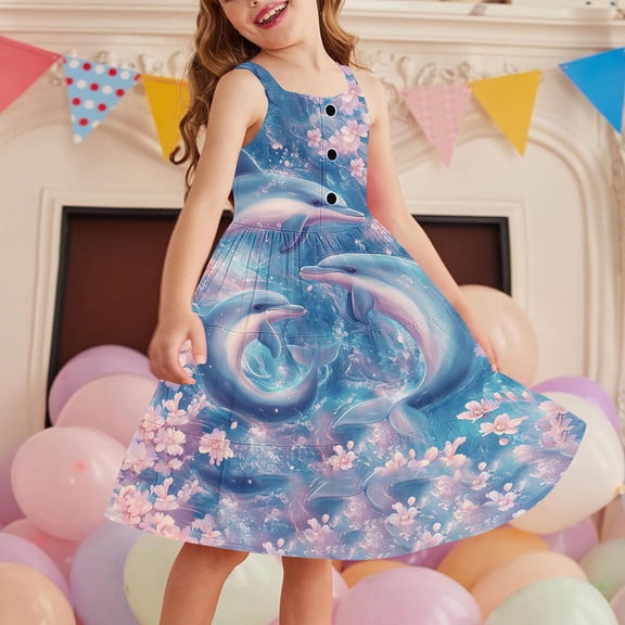 Toddler Girl Clothes under $5 Sleeveless Round Neck Print Buttons Summer Casual with Pockets Dress 2-12 Year Dark Blue 11 Years