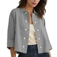 thumbnail image 3 of Aoochasliy Women's Button-Down Top Fashion Spring Summer Cotton Linen Solid Color Double Button Mid-Length Short Sleeve Collared Cardigan Shirt, 3 of 7