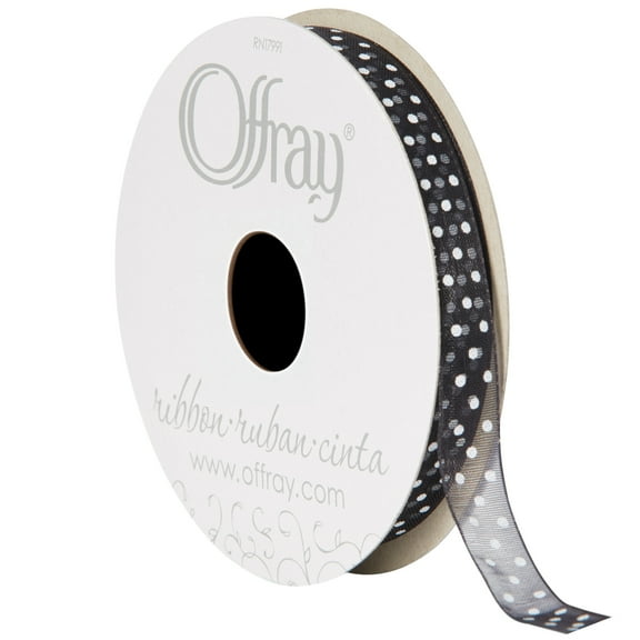 Offray Ribbon, Black 3/8 inch White Dots Sheer Ribbon, 15 feet