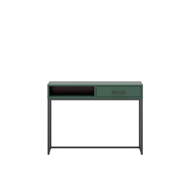 Escritorio Alterego Tumben 1 cajón Verde con estructura metálica negra y superficie verde mate, diseño minimalista que ofrece ergonomía y amplia zona de trabajo, ideal para oficina, estudio o espacio gamer, con un cajón y espacio abierto para almacenamiento.