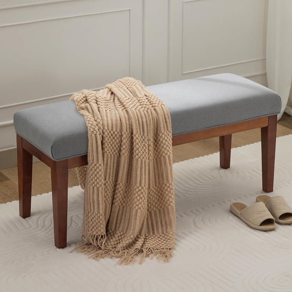 CHTER 43.5'' Linen Bedroom Bench, Upholstered End of Bed Bench, Padded Vintage Dining Bench, Entryway Bench with Solid Wood Legs, Kitchen, Living Room, Hallway, Light Grey