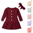 thumbnail image 3 of Odeerbi Niñas Vestido de Manga Larga de Punto Elástico Primavera Otoño Vestido de Algodón Color Sólido Botón Cuello Redondo Vestido Con Cinta Para El Pelo Conjunto de Dos Piezas, 3 of 3