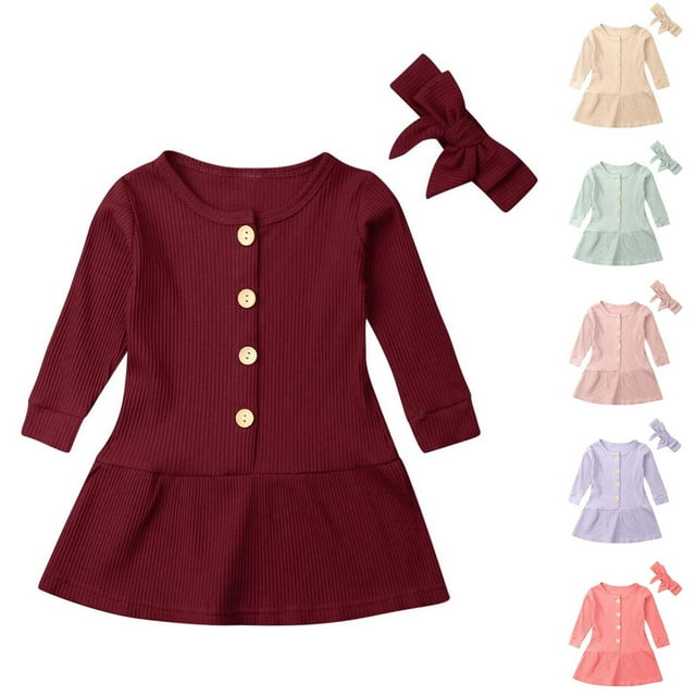 NJDVHB Robes d'Hiver pour Tout-Petits, Robe de Princesse pour Fille, Robe de Fête pour Filles, Robe Décontractée à Manches Longues avec Boutons Solides et Bandeau pour Filles, Rouge Melon D\'eau, 90