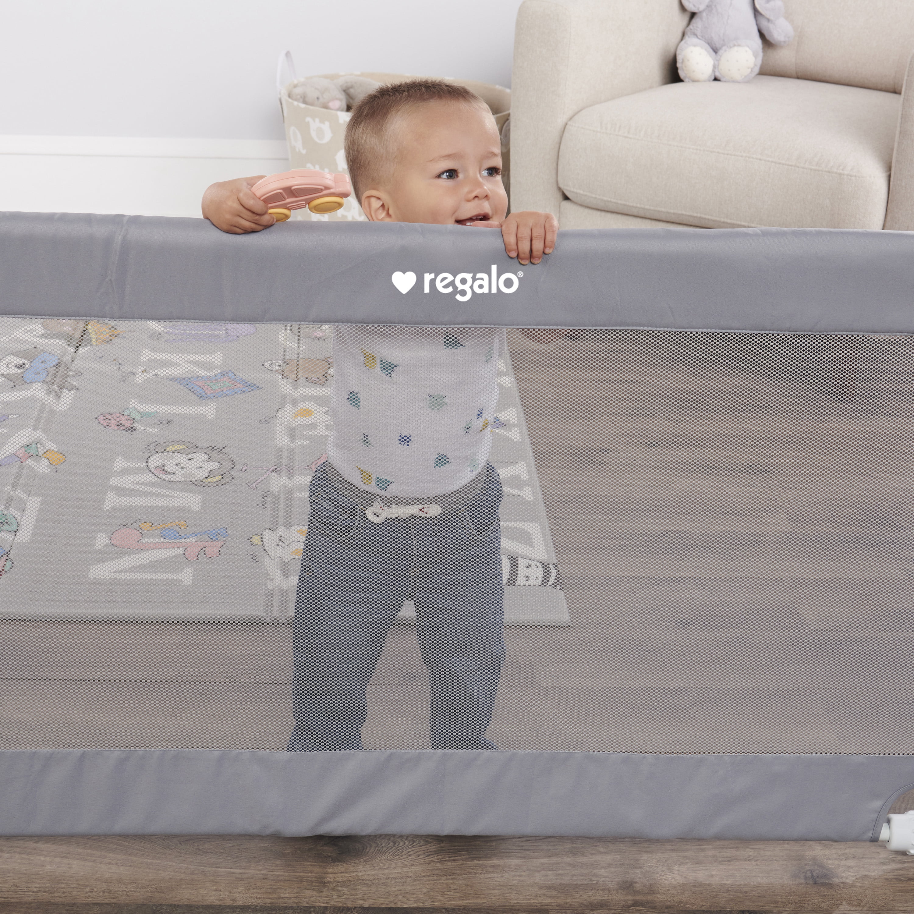 Regalo 50" Expandable Mesh Baby & Pet Safety Gate – Gray Pressure‑Mounted Gate for Doorway or Hallway, Fits 27.5–50 in Openings
