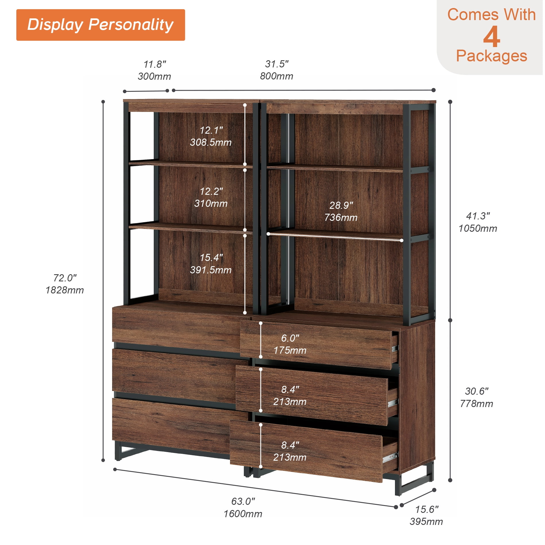 WAMPAT 2 PCS Modern 72" Tall Bookcase with 6 Drawers and Open Book Shelfs, Library Book Shelf with Storage Cabinet and Metal Base, Wood Freestanding Bookshelves for Home Office, Living Room, Brown