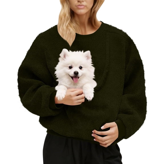 DAFPZW Women Sweatshirt with Dog Pouch Winter Fleece Pullover Shirts with Carrier Large Pocket Puppy Kitten Dogs Holder