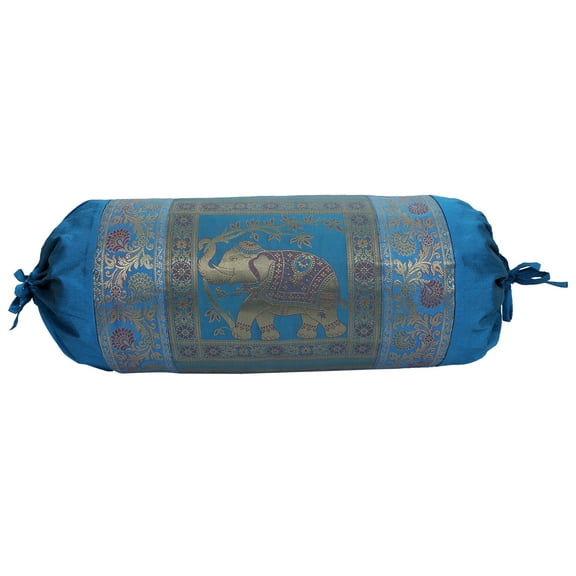 Stylo Culture Ethnic Polydupion Cylindrical Yoga Bolster Pillow Cover Blue Jacquard Brocade Border Elephant Large Sofa Round Cylinder Cushion Cover (1 Pc) | 30x15 Inches (76x38 cm)