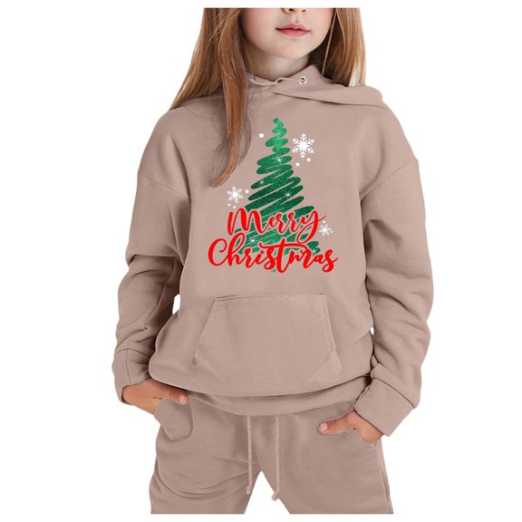 Bainana Girls Christmas Outfit Set Long Sleeve Santa Tree Letter Print Hoodie Pants 2 Pieces Matching Set Kids Comfortable Outdoor Wear