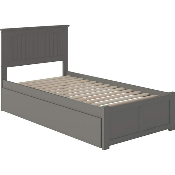 Twin XL Platform Bed with Trundle - Grey Finish, Extra Long Bed Frame & Footboard