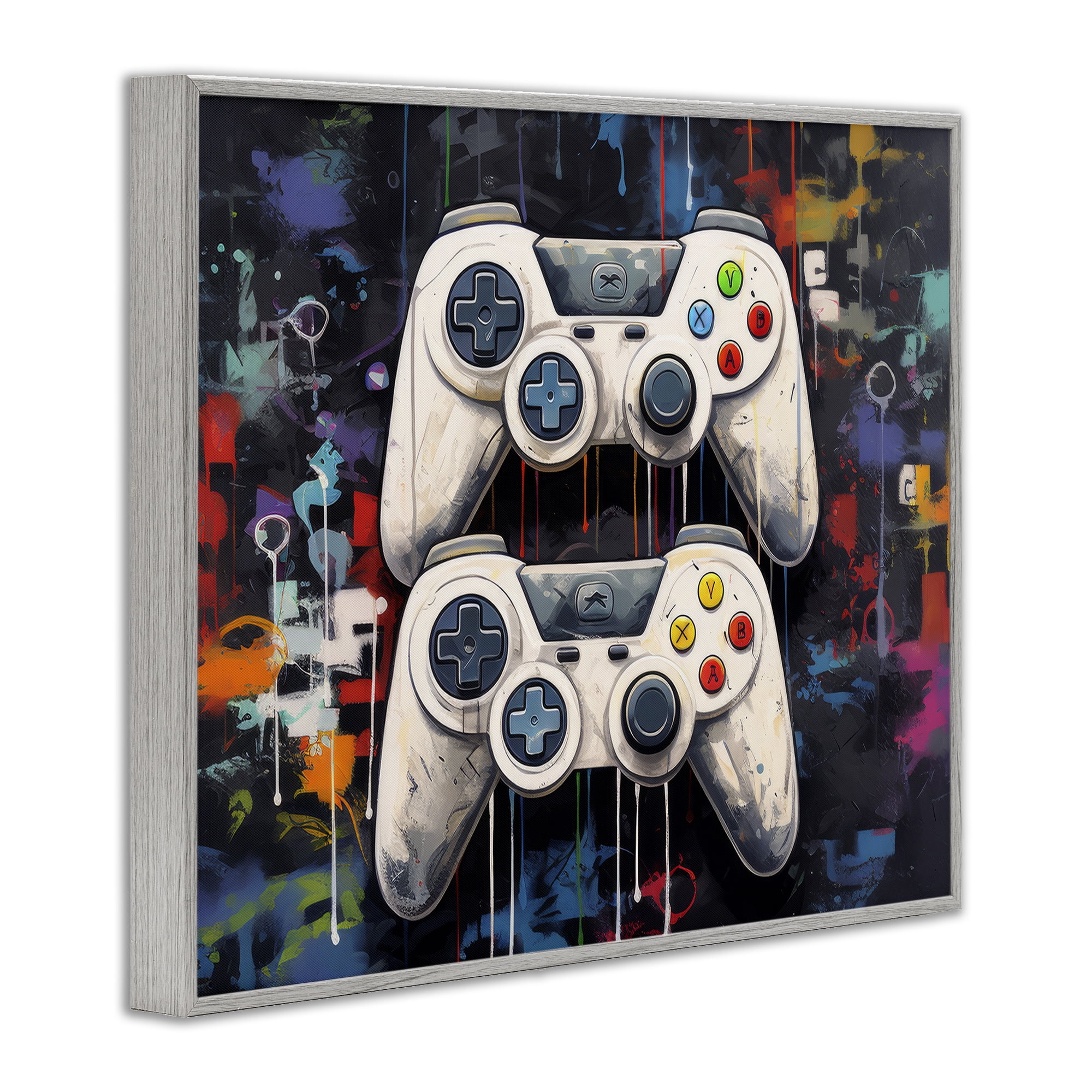 Stupell Industries Joystick Journeys with Paint Splatter Gray Framed Giclee Art, design by Lazar Studio