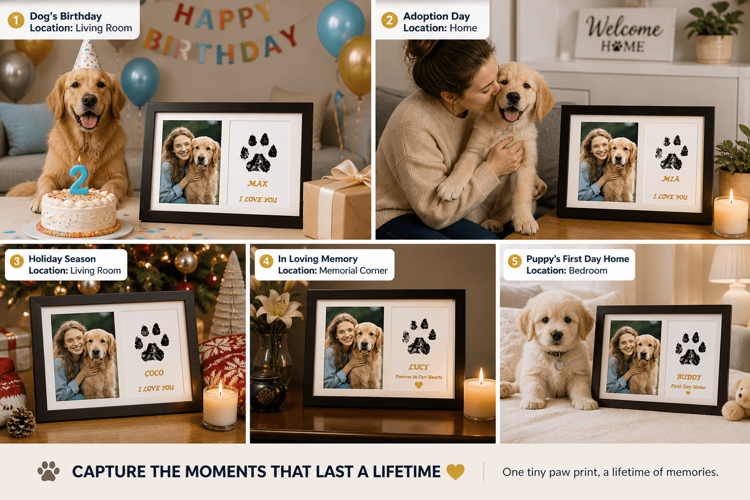 Pet Paw Print Memorial Picture Frame Kit, Wooden Keepsake Frame with Ink Pad and Gold Letter Stickers for Dogs & Cats