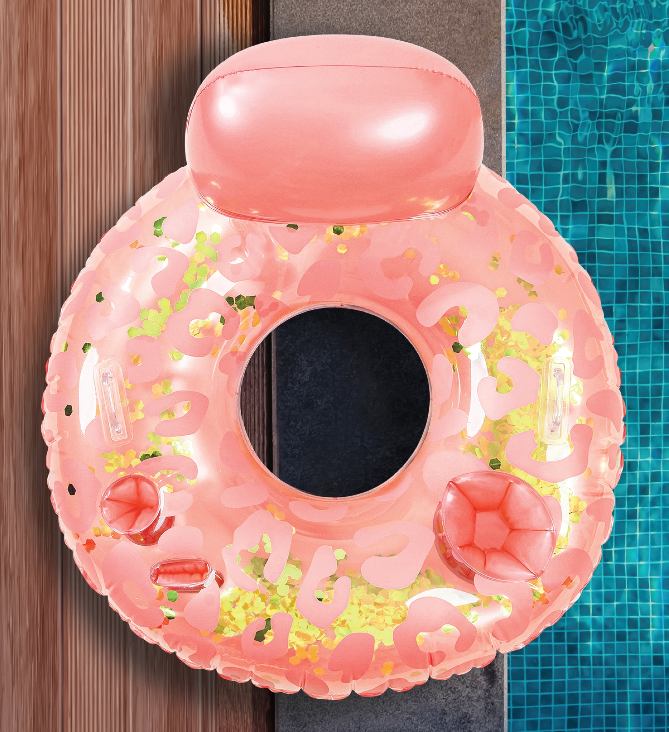 POZA Luxury Inflatable Lounge Pool Float with Back Rest - Inflatable Pool Chair Float for Adults Filled with Sparkle Confetti, Built-in Phone Holder, Cup Holders and Handles, 42 Inches - Rose Gold
