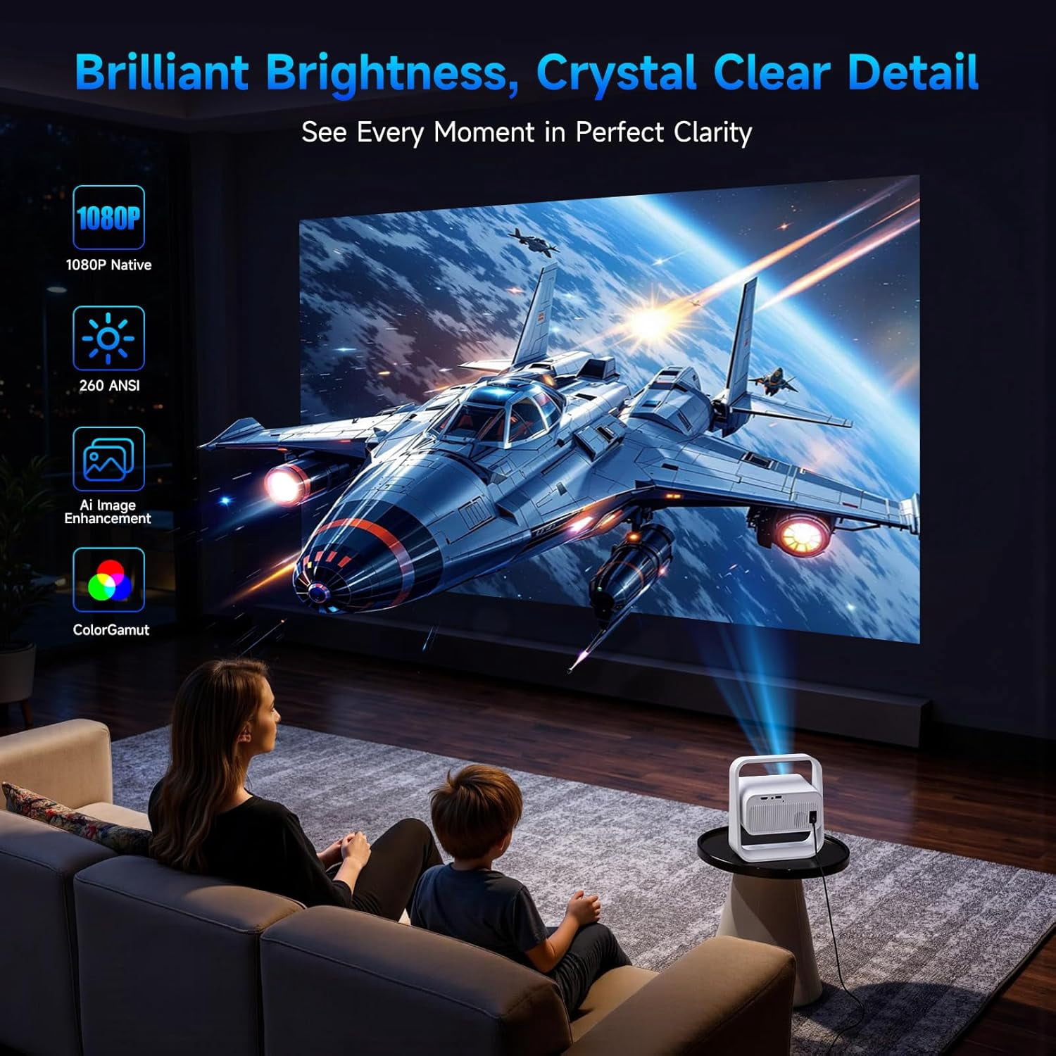 Projector with Electric  &  Correction, 1080P 4K Supported Android 12.0 Dual-Band WiFi  USB Portable for Bedroom Outdoor Home Theater Gaming S106