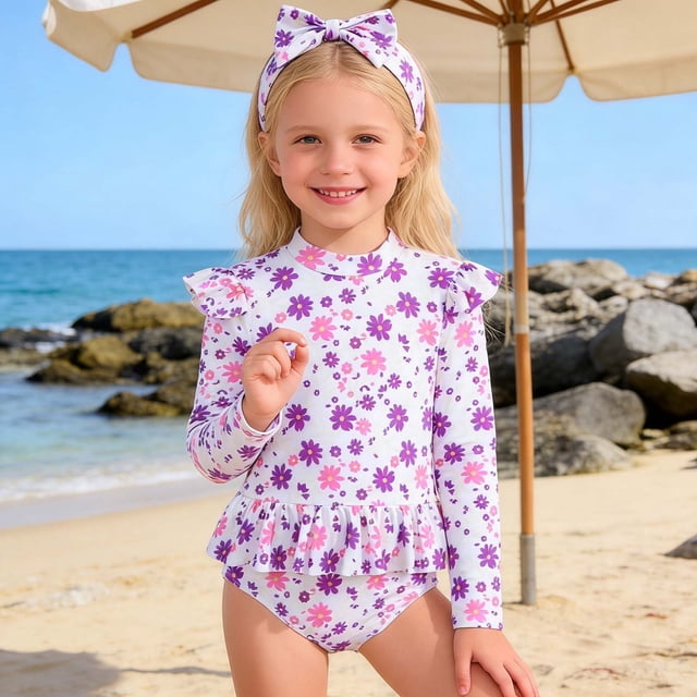 Girls Rash Guard Swimsuits Sun Protection Long Sleeve Ruffle Baby Girl Bathing Suit 3-4 Years