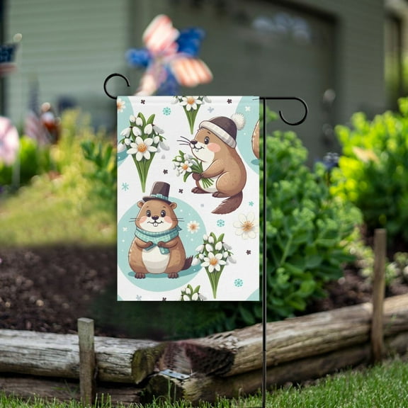 Cartoon Groundhogs Flowers Garden Flag Double Sided Outdoor Banners for Courtyard Outdoor Lawn Farmhouse Holiday Decorations
