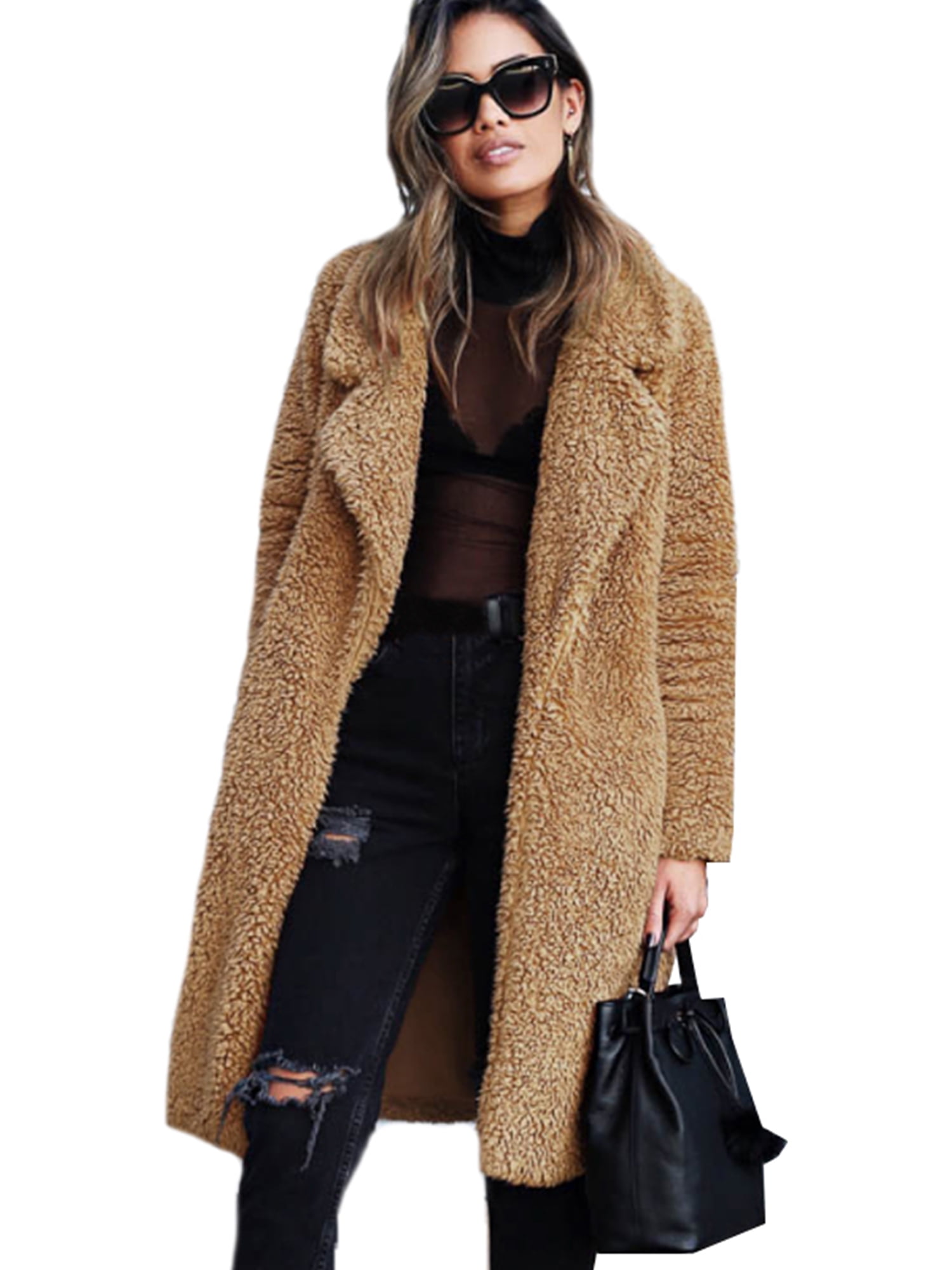 Womens Fuzzy Fleece Lapel Open Front Long Cardigan Coat Faux Fur Warm Winter Outwear Jackets with Pockets 