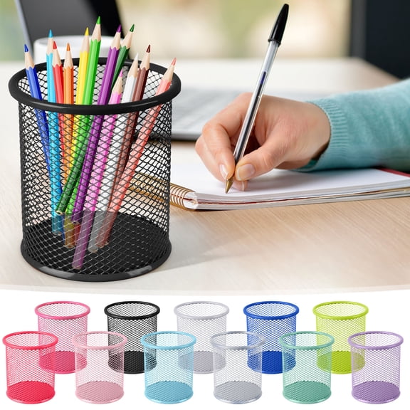 Hyknon Metal Pen Pencil Holder, Mesh Pencil Storage Organizer, Saving-Space Pen Container, Cylindrical Desktop Makeup Brush Pencil Bucket, Multi-Purpose Desk Organizer for Campus Office Home, White